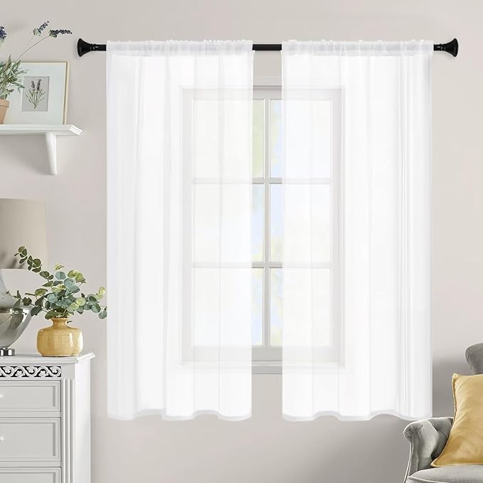 White Sheer Curtains 63 Inches Long 2 Panels, Rod Pocket Short Curtain for Kitchen, Bedroom, Cafe Window(White 38" W x 63" L)