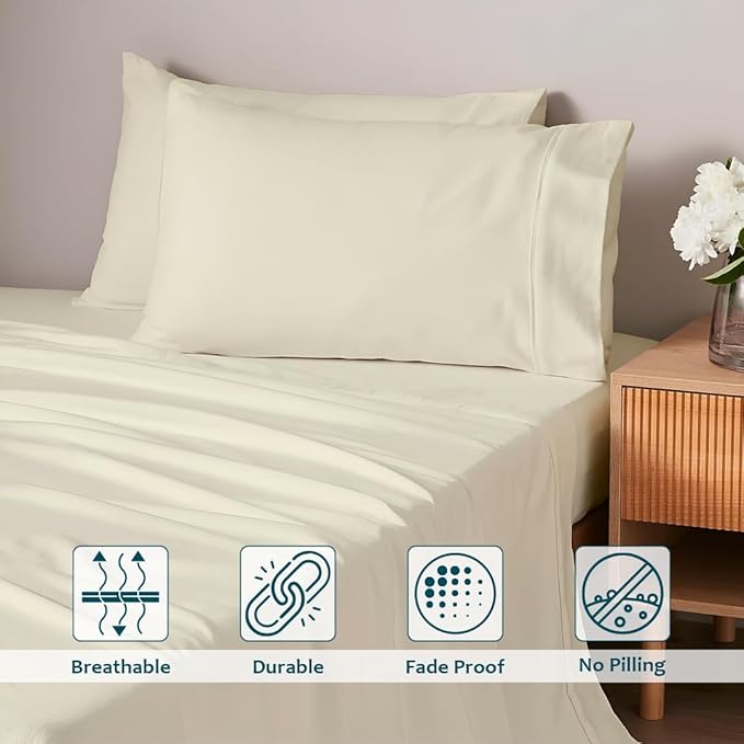 Shreem Linen XL Twin Sheets Set - Luxury 338 Thread Count 100% Egyptian Cotton Sateen, Twin XL Sheet Set with All Around Elastic for a, Hotel Quality Bedding (Ivory Solid)