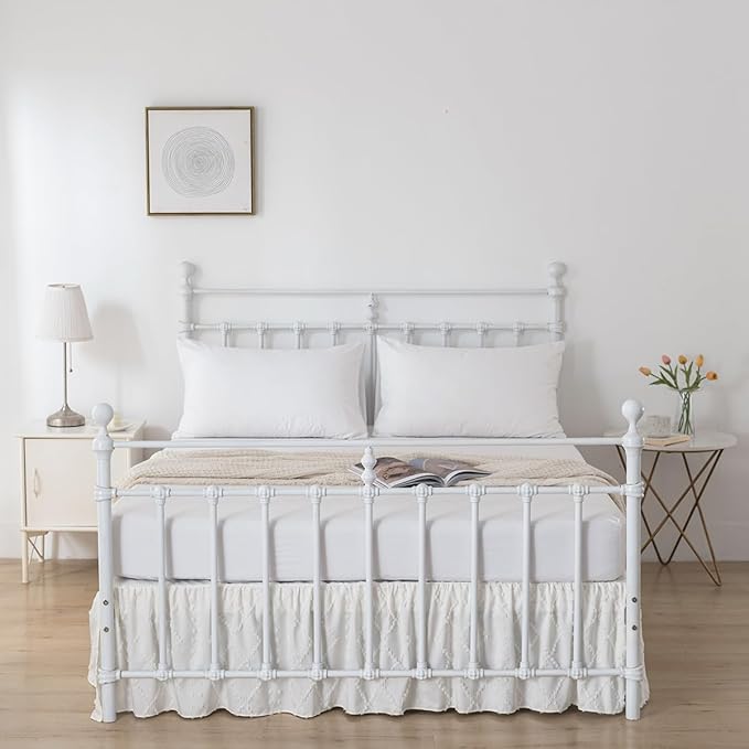 Bed Skirt Full Size Ruffled Bed Skirt with Split Corners, 18 Inch Drop Dust Ruffle Bed Skirts with Platform, Boho Tufted Shabby Chic Full Size Bed Skirts, Ivory