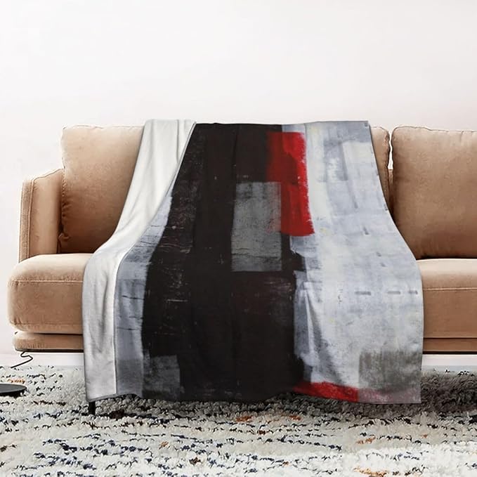 LOKMU Throw Blanket, Red Grey Abstract Art Painting Ultra-Soft Cozy Flannel Blankets, Fuzzy Plush Lightweight Modern Blanket for Couch Sofa Bedding Home Decor, 60" L x 50" W