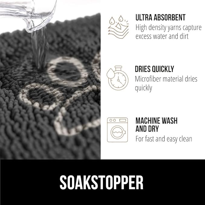 GORILLA GRIP SOAKSTOPPER Dog Door Mat, Machine Washable Rug Absorbent Doormat Captures Moisture Mud Dirt, Quick Dry Soft Chenille Entryway Rugs Indoor Entrance Mats for Dog Paws, 24x17 Charcoal