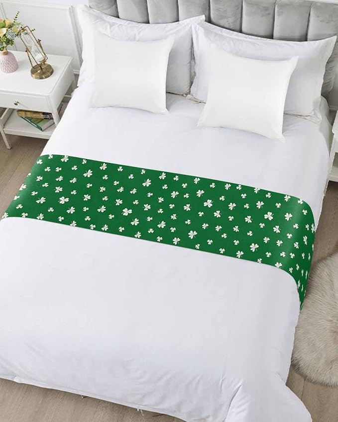 St Patrick's Day Lucky Leaves Bed Runners for Bedroom Hotel,Decorative Bedding Scarf White Shamrock on Green Bed End Blanket Bedding Runner Scarves for Queen Size Bed,94x20in