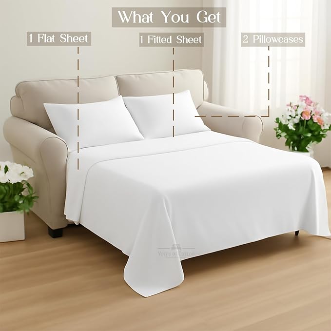 Sleeper Sofa 4 Piece Bed Sheet Set Premium Quality 100% Cotton 500 Thread Count, Smooth & Super Soft Sateen Weave, Extra Soft Bed Sheets, Wrinkle Free, 8 Inch Deep Pocket (Full, White)