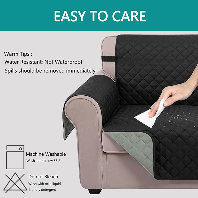 U-NICE HOME Loveseat Sofa Cover Reversible Couch Cover for Dogs with Elastic Straps Water Resistant Furniture Protector for Pets Couch Cover for 2 Cushion Couch (Loveseat, Black/Grey)