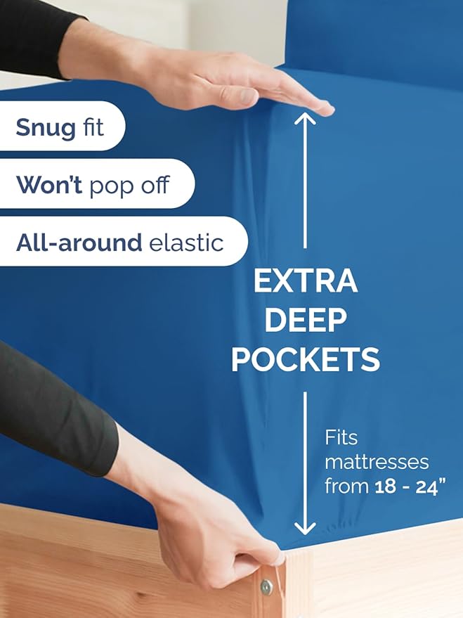 Extra Deep Twin Fitted Sheet - Hotel Luxury Single Fitted Sheet Only - Easily Fits 18 inch to 24 inch Mattress - Ultra Soft, Wrinkle & Fade Free w/Extra Deep Pockets - Breathable & Comfy - Royal Blue
