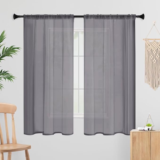 Sheer Curtains 84 Inches Long 2 Panels, Rod Pocket Short Curtain for Kitchen, Bedroom, Cafe Window(Grey 38" W x 84" L)
