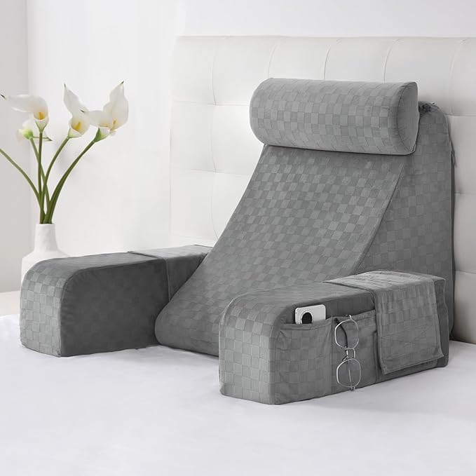 Vekkia Reading Pillow for Adults – Ergonomic 45° Wedge Back Support Chair for Sitting in Bed, XL Side Pockets, Perfect for Working, Gaming, Watching TV, Relaxing, or Recovery, Great Gift Idea, 19”