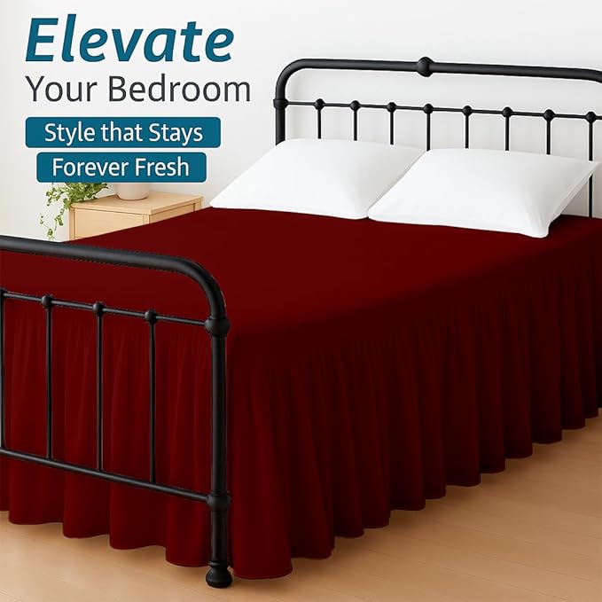 Shreem Linen Ruffled Bed Skirt with Split Corners, Gathered Style, 100% Microfiber, 24-Inch Drop, Dust Ruffle Bedskirt with Platform, Full, Burgundy