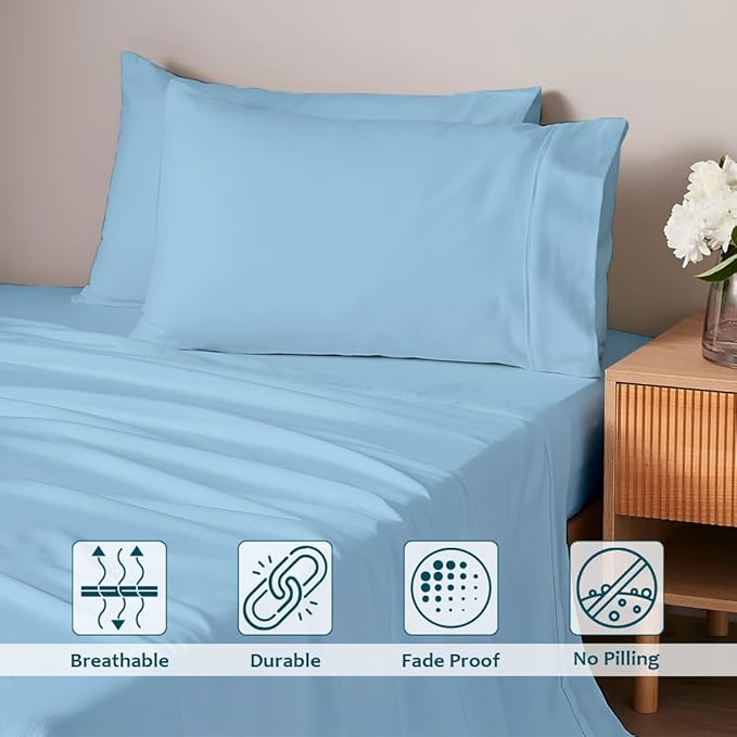 Deep Pocket King Sheets Set - Luxury 338 Thread Count Sateen, 100% Cotton Sheets with All Around Elastic for a, Hotel Quality Bedding Set (Light Blue Solid)