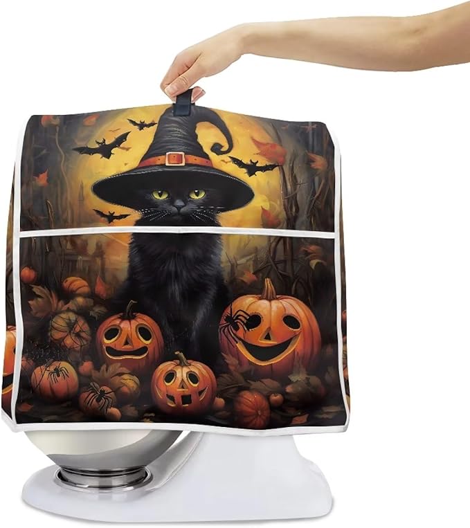 Halloween Mixer Covers - Black Cat Pumpkin Indoor Kitchen Decorations, Polyester Dustproof Cover with Pockets, Compatible with 6-8 Quart Stand Mixer