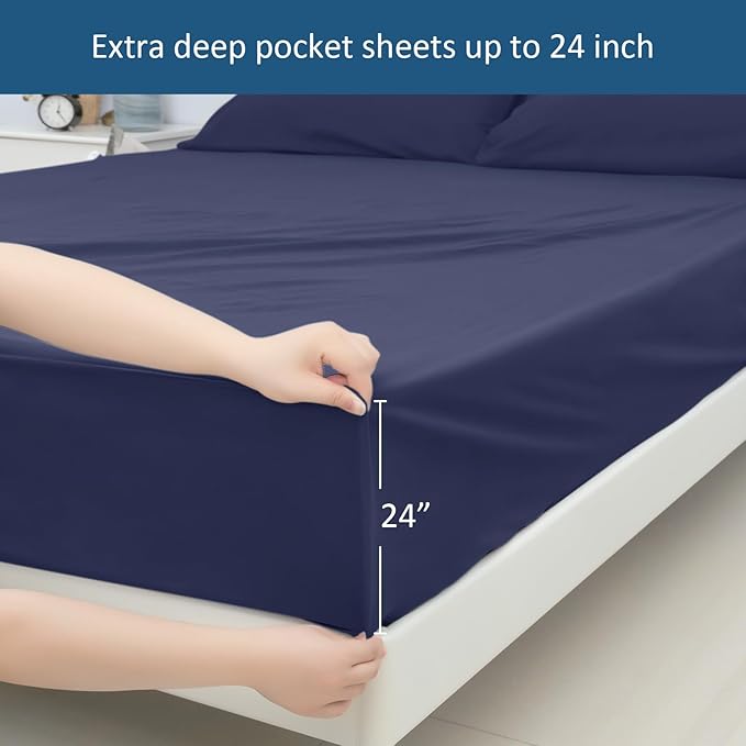 Moonsea King Size Sheets Set for Air Mattress - Deep Pocket King Sheet Set - 3Pcs Side Storage Pocket Fitted Sheet & Pillowcases Easily Fits 16in to 24in Pillow Top Air Bed Mattress - Navy Blue