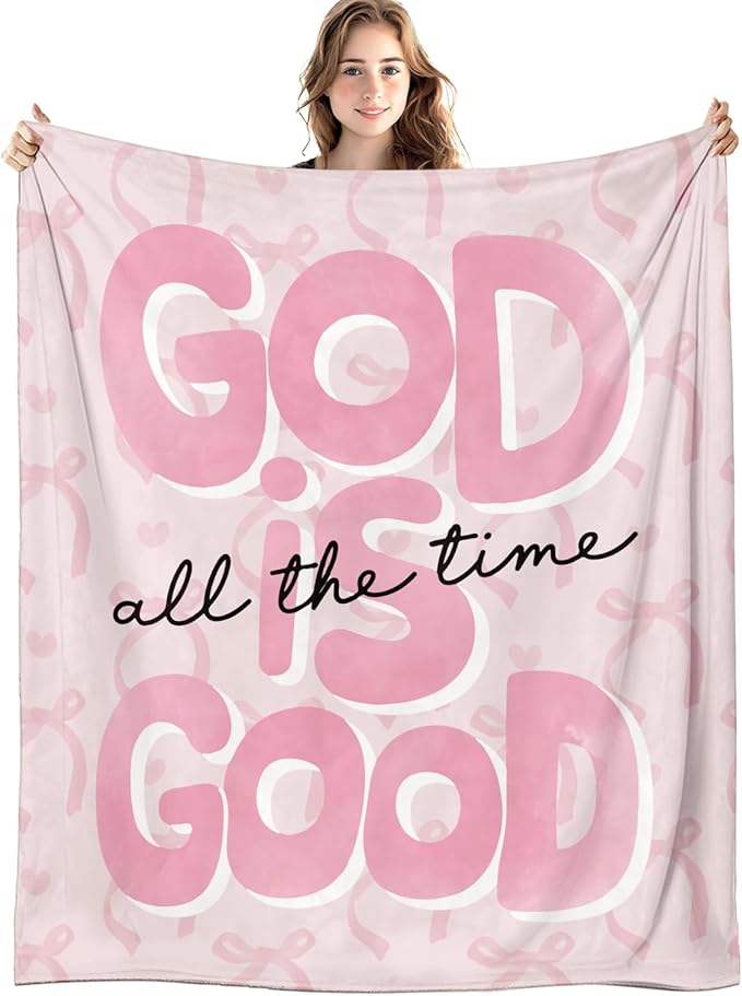 Preppy Pink Christian Blanket, God is Good All The Time Bible Verse Throw Blankets for Girly Room Bedroom Dorm Couch Bed Decor, Coquette Pink Bow Religious Scripture Blanket, 50x60 Inch