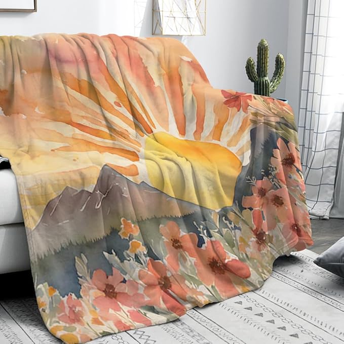Burn Orange Boho Sunrise Sunset Sun Print Throw Blankets Pink Floral Flower Blanket Modern Abstract Throws Spring Blankets for Couch Boho Decorative Blanket for Sofa Bed Living Room 60"x80"
