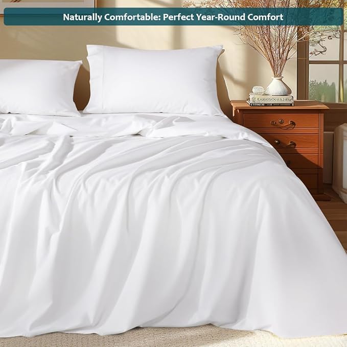 Olympic Queen Sheet Set – 100% Egyptian Cotton, 338 Thread Count – 4-Piece Luxury Super Queen Sheets – Soft & Breathable – 16” Deep Pocket Fitted Sheet, 1 Flat Sheet, 2 Pillowcases (White Solid)