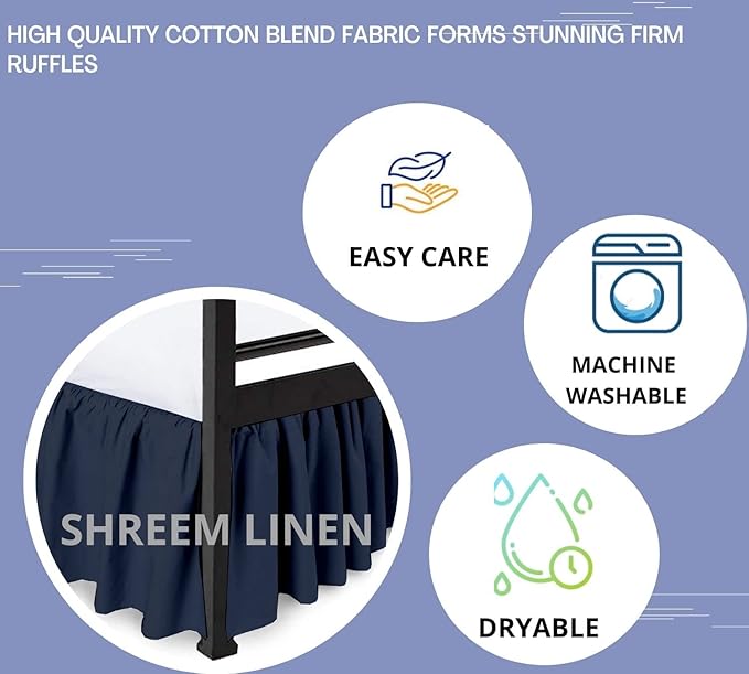 Shreem Linen Ruffled Bed Skirt with Split Corners, Gathered Style, 100% Microfiber, 28-Inch Drop, Dust Ruffle Bedskirt with Platform, Full-XL, Navy Blue
