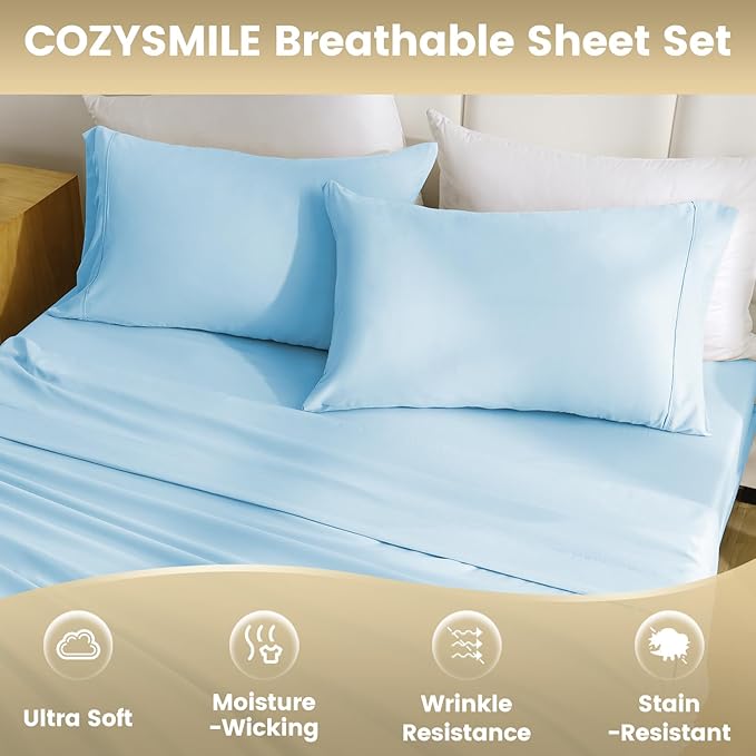 California King Sheet Set - Luxury 4 Piece Breathable Soft Sheets for King Size Bed, 16" Deep Pocket Wrinkle Free Cooling Bedding Sheet and Pillowcase Set Cal King Size, Sky Blue