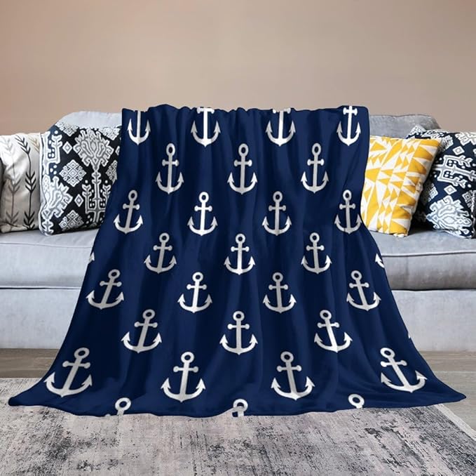 Anchor Blanket Vintage Rustic Ocean Nautical Style Navy Blue White Soft Cozy Lightweight Throw Blanket for Kids Girls Boys Women Men Bedroom Living Room Dorm Chair Sofa Travel 40x50in