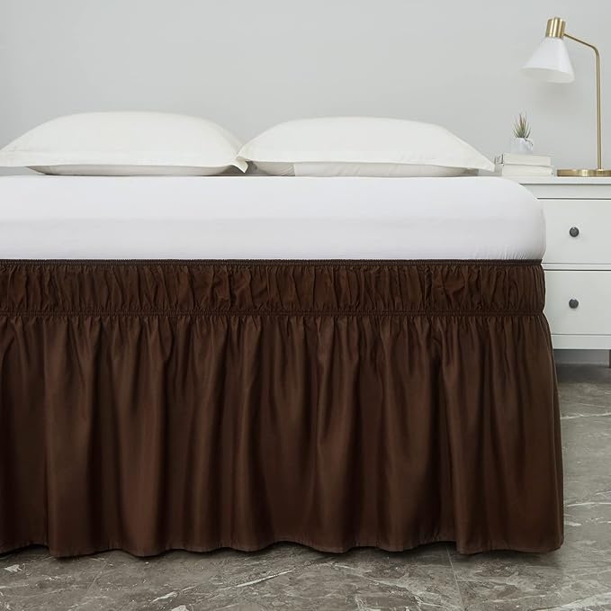 MEILA Wrap Around Bed Skirt Three Fabric Sides Elastic Dust Ruffled 14 Inch Tailored Drop,Easy to Install Fade Resistant-Brown, Twin/Full