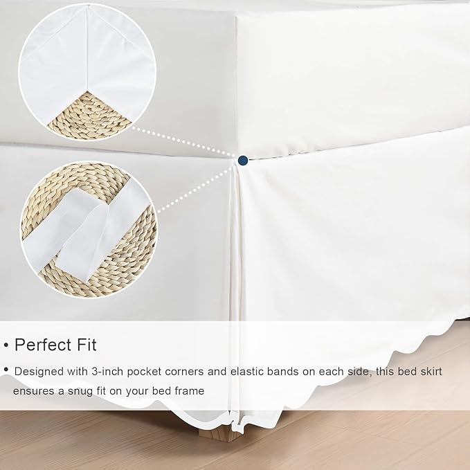 HIG Off-White Chic Queen Bed Skirt - Easy Fit Scallop Edge Pleated Bedskirts, 14 Inch Drop Anti-Slip Dust Ruffle, Thick Fabric for Enhanced Privacy, Pre-Washed for Long-Lasting Use(N60022)