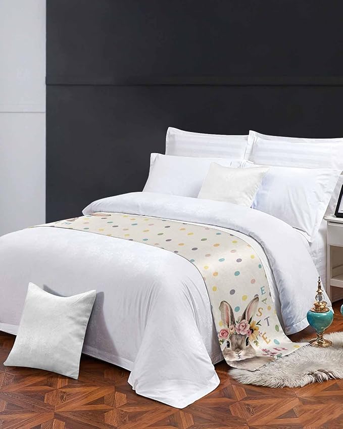 Spring Easter Farm Rabbit Flower Bed Runners for Bedroom Hotel,Decorative Bedding Scarf Colorful Quote Dot on Linen Bed End Blanket Bedding Runner Scarves for Queen Size Bed,94x20in