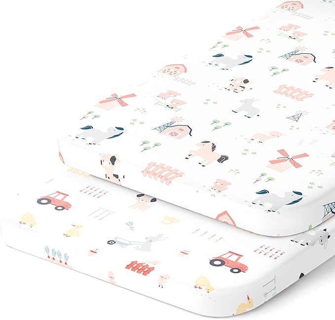 Bedside Sleeper Bassinet Sheets 35x20 Compatible with MiClassic, Milliard Bassinet and Large Bedside Sleepers – Snuggly Soft 100% Jersey Cotton – Farm Animals – 2 Pack