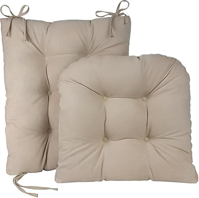 Klear Vu Omega Non-Slip Rocking Chair Cushion Set, Assembled in USA, Thick Padding & Tufted Design, Includes Seat Pad & Back Pillow with Ties, 17x17 Inches, 2-Piece Set, Twillo Stone