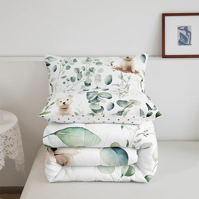 Erosebridal Cute Dog Toddler Bedding Sets for Kids Child Green Eucalyptus Comforter Set, Pet Animal Bedding Comforter Sets Botanical Plant Leaves Duvet Insert, Cartoon Pug Puppy Down Comforter