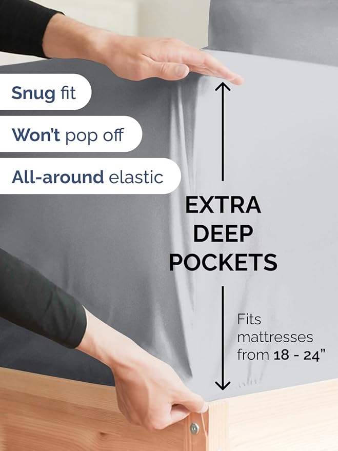 Extra Deep Twin Fitted Sheet - Hotel Luxury Single Fitted Sheet Only - Easily Fits 18 inch to 24 inch Mattress - Ultra Soft, Wrinkle & Fade Free w/Extra Deep Pockets - Breathable & Comfy - Steel Blue