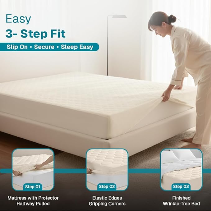 FABDREAMS Organic Quilted Mattress Protector Twin XL Size | Mattress Pad| Mattress Cover| Naturally Breathable | Noiseless| Fits up to 17" Deep Pockets| Temperature Regulating | Ivory