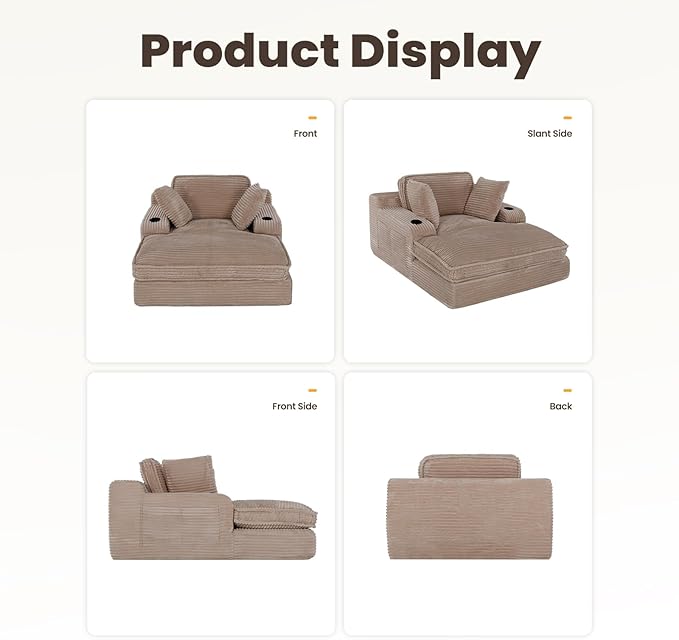 67" Chaise Lounge Chair Indoor, Cozy Oversized Fluffy Sofa with Cup Holders & Throw Pillows, Boneless Sleeper Cloud Couch for Living Room, Movie Room and Apartments, Camel