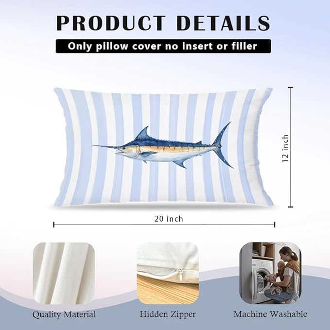 Coastal Beach Fish Pillow Covers 12x20 Set of 2, Ocean Marlin Tuna Fish Blue White Striped Lumbar Throw Pillow Covers for Boys Bedroom Beach House Home