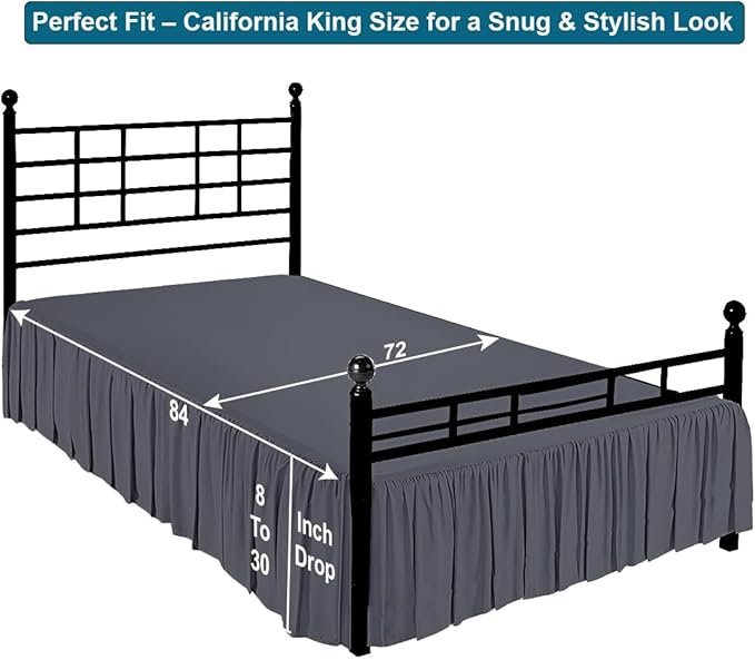 Shreem Linen Ruffled Bed Skirt with Split Corners, Gathered Style, 100% Microfiber, 21-Inch Drop, Dust Ruffle Bedskirt with Platform, Cal-King, Dark Grey