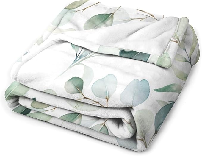 Eucalyptus Leaf Throw Blanket, Watercolor Floral Spring Botanical Green Plants Herb Print Cozy Plush Blanket for Bedroom Living Rooms Sofa Couch, 50"x60"