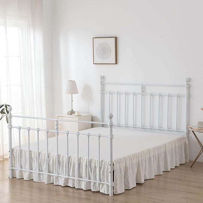 Bed Skirt Queen Size Ruffled Bed Skirt with Split Corners, 16 Inch Drop Dust Ruffle Bed Skirts with Platform, Boho Tufted Shabby Chic Queen Size Bed Skirts, Ivory