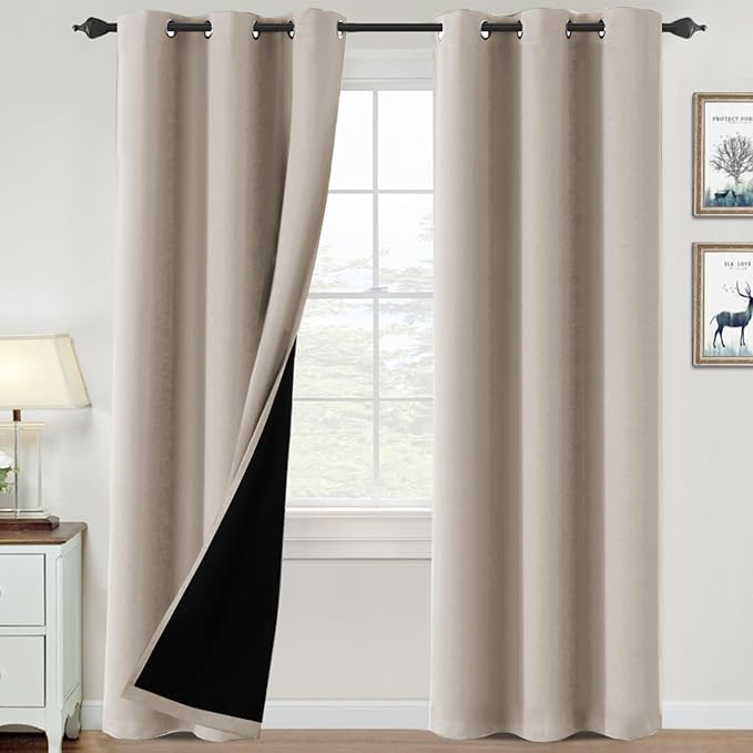 H.VERSAILTEX 100% Blackout Curtains for Bedroom Thermal Insulated Blackout Curtains Heat and Full Light Blocking Curtains for Living Room with Black Liner 2 Panels Set, 42 x 84 Inch, Natural