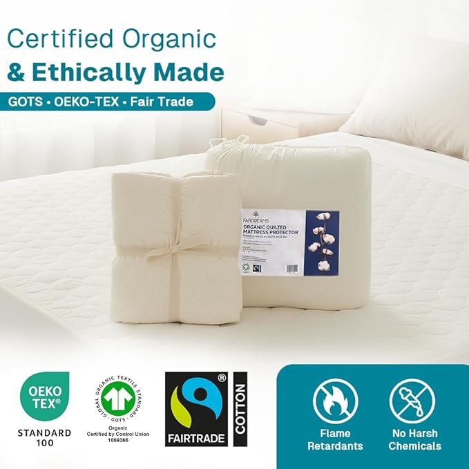 FABDREAMS Organic Quilted Mattress Protector Full Size | Mattress Pad| Mattress Cover| Naturally Breathable | Noiseless| Fits up to 17" Deep Pockets| Temperature Regulating | Ivory