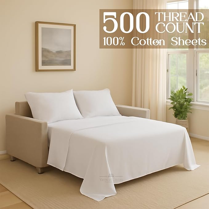 Sleeper Sofa 4 Piece Bed Sheet Set Premium Quality 100% Cotton 500 Thread Count, Smooth & Super Soft Sateen Weave, Extra Soft Bed Sheets, Wrinkle Free, 4 Inch Deep Pocket (Queen, White)
