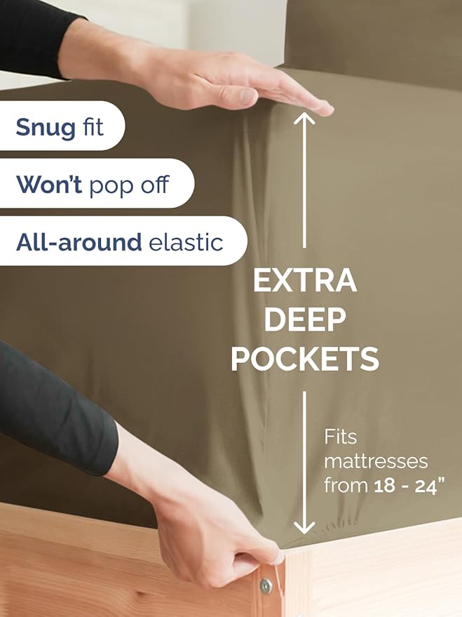 Extra Deep Cal King Fitted Sheet - Hotel Luxury Single Fitted Sheet Only - Easily Fits 18 inch to 24 inch Mattress - Ultra Soft, Wrinkle & Fade Free w/Extra Deep Pockets - Breathable & Comfy - Khaki