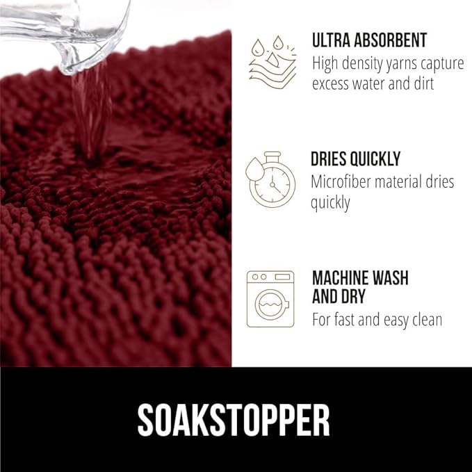 GORILLA GRIP SOAKSTOPPER Dog Door Mat, Machine Washable Rug Absorbent Doormat Captures Moisture Mud Dirt, Quick Dry Soft Chenille Entryway Rugs Indoor Entrance Mats for Dog Paws, 24x17 Burgundy