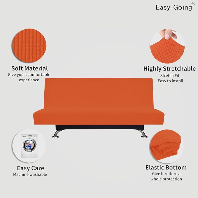 Easy-Going Stretch Futon Slipcover Armless Futon Bed Cover Furniture Protector Without Armrests with Elastic Bottom for Kids, Soft Jacquard Fabric Small Checks (Large, Orange)