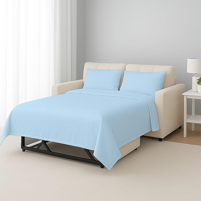 Sleeper Sofa Bed Sheet Set – Full Size, 100% Cotton, 338 Thread Count – 4-Piece Sofa Bed Sheets – Fits Mattresses Up to 6” Deep – Soft & Durable Pull-Out Couch Sheets (Light Blue Solid)