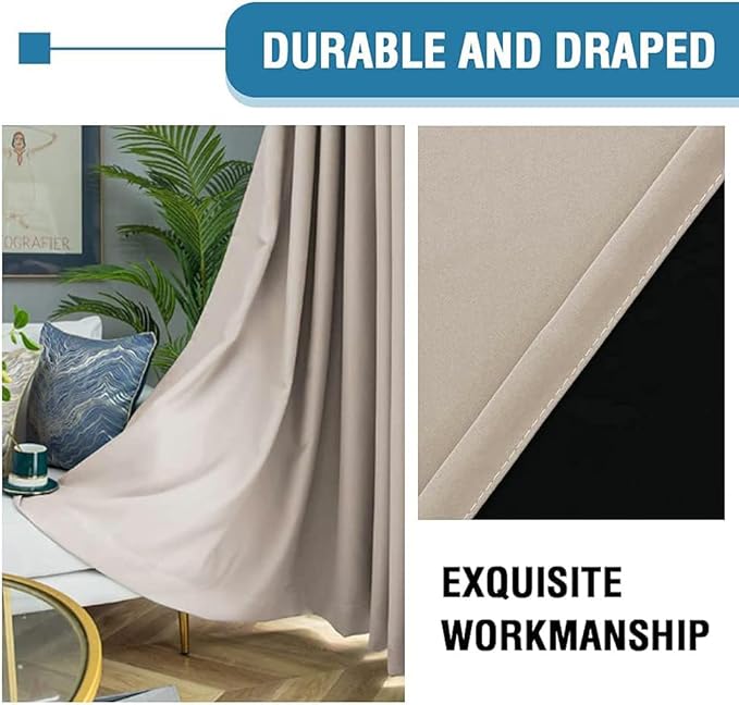 H.VERSAILTEX 100% Blackout Curtains for Bedroom Thermal Insulated Blackout Curtains 63 inch Length Heat and Full Light Blocking Curtains for Living Room with Black Liner 2 Panels Set, Natural Sand