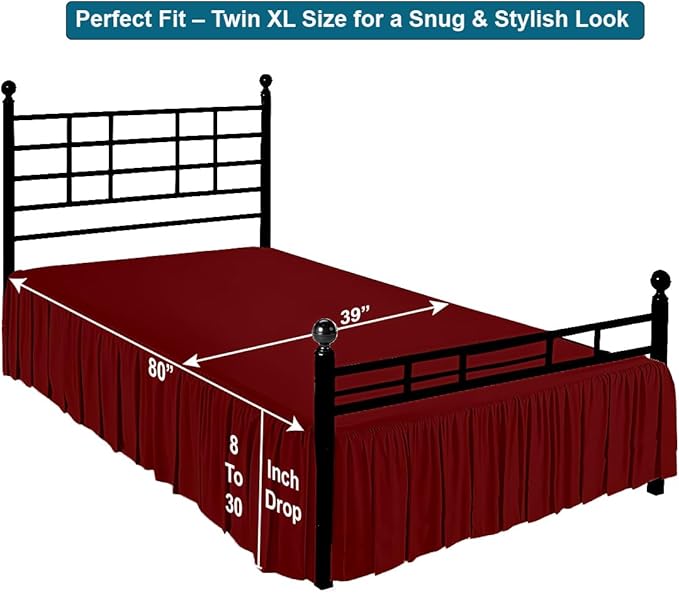 Shreem Linen Ruffled Bed Skirt with Split Corners, Gathered Style, 100% Microfiber, 15-Inch Drop, Dust Ruffle Bedskirt with Platform, Twin-XL, Burgundy
