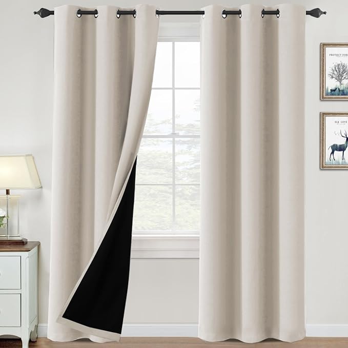 H.VERSAILTEX 100% Blackout Curtains for Bedroom Thermal Insulated Blackout Curtains Heat and Full Light Blocking Curtains for Living Room with Black Liner 2 Panels Set, 42 x 84 Inch, Fog