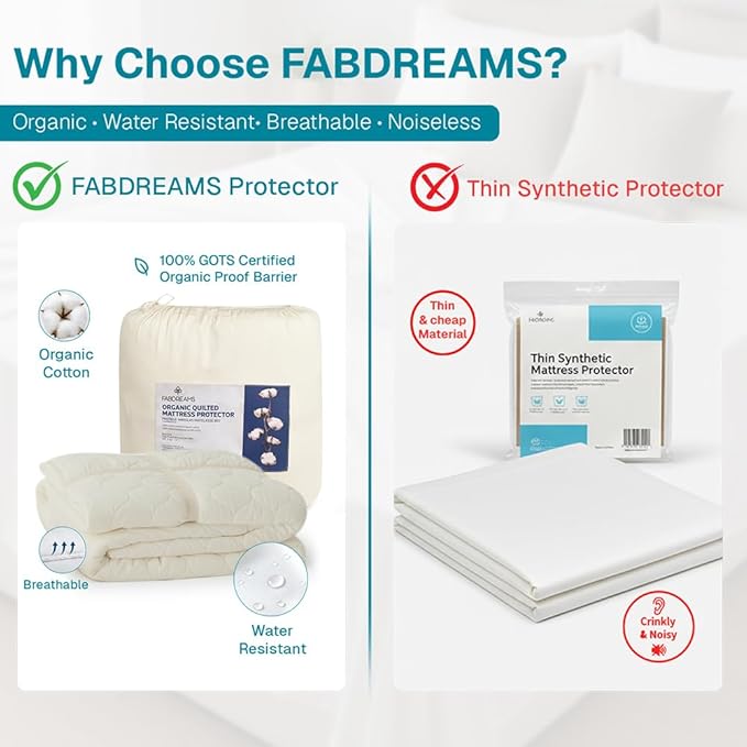 FABDREAMS Organic Quilted Mattress Protector Queen Size | Mattress Pad| Mattress Cover| Naturally Breathable | Noiseless| Fits up to 17" Deep Pocket| Temperature Regulating | Ivory