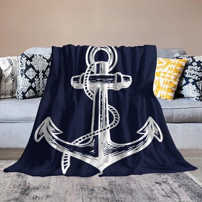 Anchor Blanket Retro Abstract Nautical Navy Blue White Soft Cozy Lightweight Throw Blanket for Kids Girls Boys Women Men Bedroom Living Room Dorm Chair Sofa Travel 50x60in