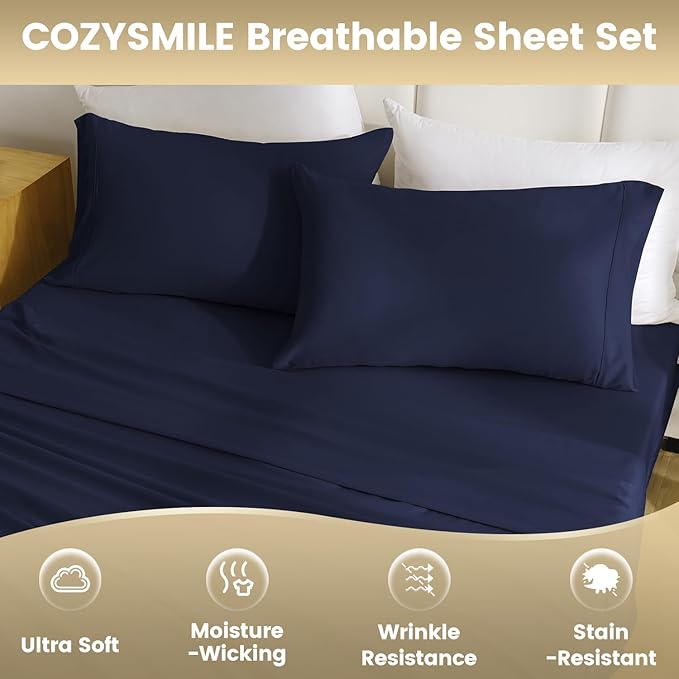 Twin Sheet Set - 3 Piece Super Soft Breathable Bed Sheet & Pillowcase Set, 16" Deep Pocket Hotel Luxury Wrinkle Free Easy Care Bedding Sheets, Dark Blue
