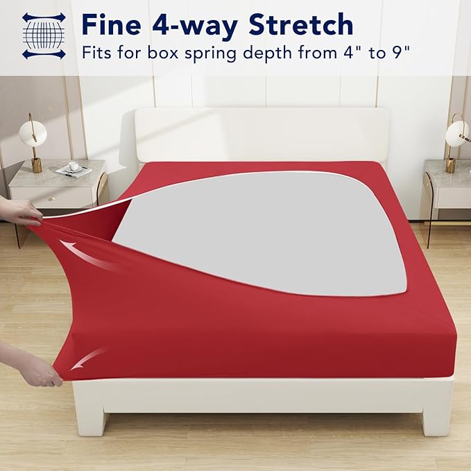 PureFit Stretchy Box Spring Cover Queen - Elastic Fitted Box Spring Wrap Around 4 Sides, Wrinkle & Fading Resistant Fits Queen Size Beds, Red