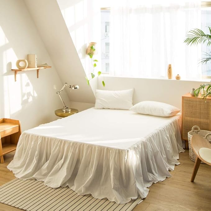 BISELINA French Linen Bed Skirt with Pleated Frills 18-Inch Tailored Drop Natural Flax Cotton Blend Dust Ruffle Soft Cozy Farmhouse Bedding (18" Twin, Ruffle White)