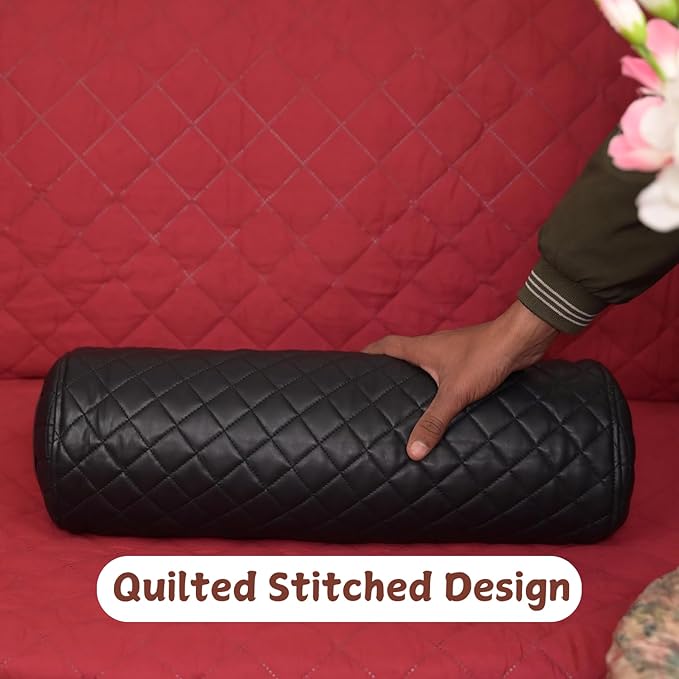 Neck Roll Pillow Cushion Cover, 14x6 Inch Full Moon Round Bolster Pillow Case, Cylinder Soft Lambskin Leather Pillowcase for Head, Spine & Neck Support During Sleep - Quilted Black Pack of 1